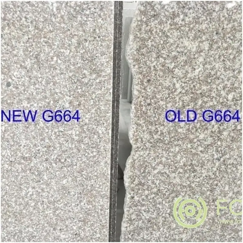 New G664 VS Old G664 Granite Polished Slab Close-up Texture Comparison Detail Picture Can you provide more details about the differences between New G664 and Old G664 granite? How can I use these alternative texts for SEO optimization? Do you have any other suggestions for alternative texts for granite images? New G664 and Old G664 Granite Close-up Texture Comparison Polished Pink Grey Granite Slab Surface Natural Granite Stone Material