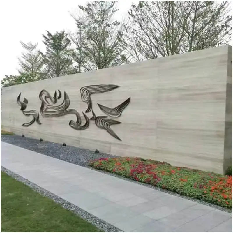 Wooden White Marble Large Exterior Landscape Feature Wall with Metal Abstract Sculpture for Luxury Lake Mansion Real Estate