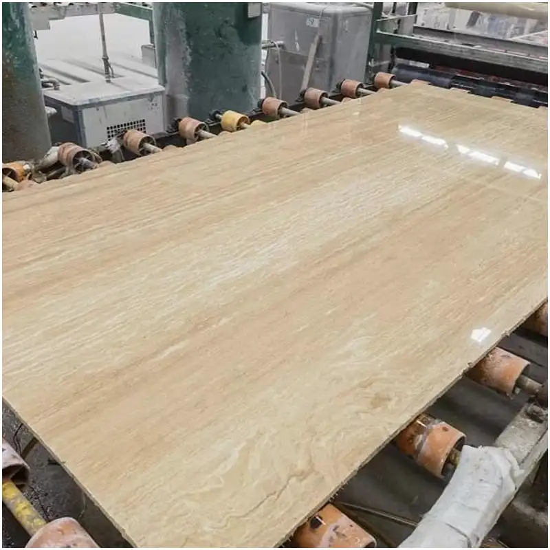 Beige Travertine Polished Natural Stone Slab Factory Production Workshop Photo Beige Travertine High Gloss Natural Stone Big Slab With Linear Texture For Wall Floor Countertop Wholesale