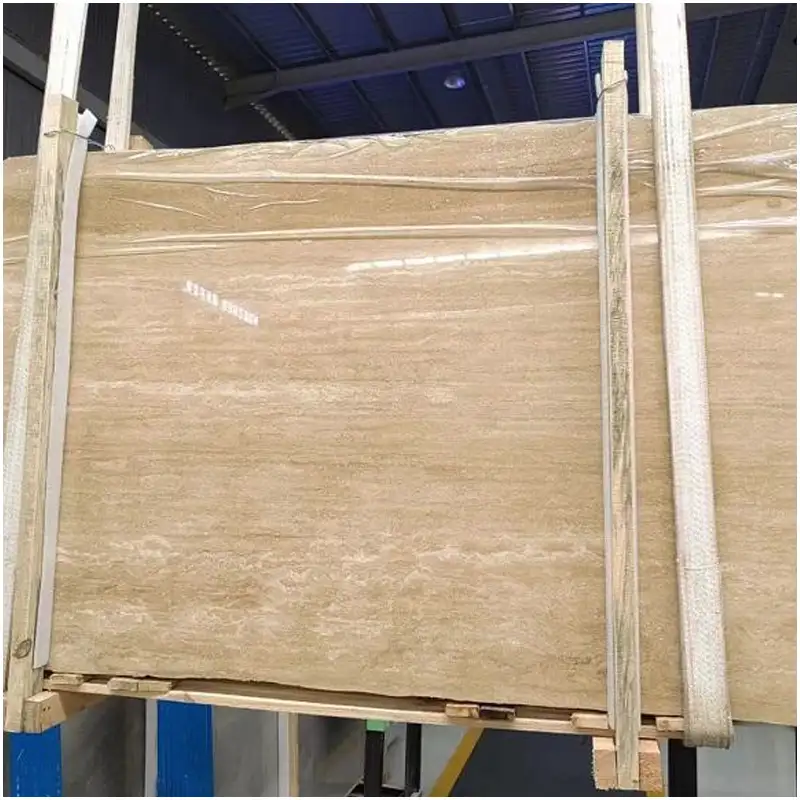 Beige Travertine Packed Stone Slab Export Warehouse Stock Photo Beige Travertine Natural Stone Slab With Protective Film Wooden Packing For Global Construction Project Wholesale
