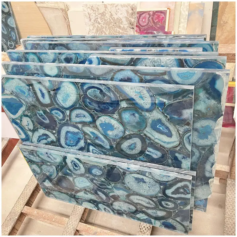 Blue Agate Tiles 3 Blue Agate Floor Tiles with polished gemstone texture for private residence flooring
