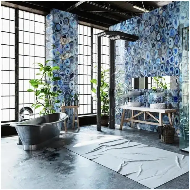 Blue Agate Tiles 6 Blue Agate luxury mansion bathroom feature wall with backlit gemstone tile design