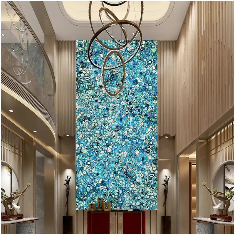 Blue Agate Tiles 7 Blue Agate villa living room feature wall project with decorative gemstone panels