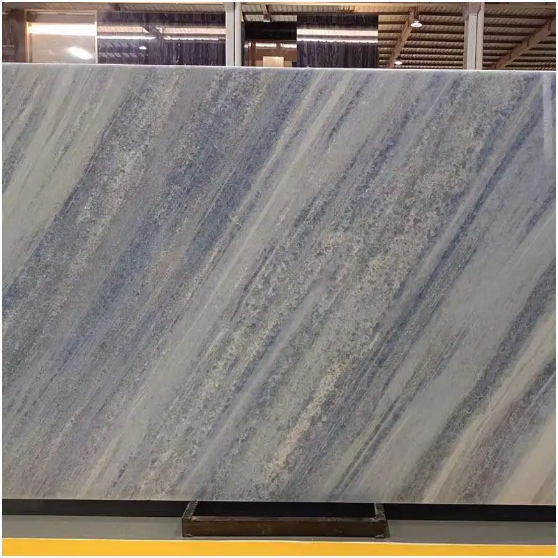Blue Crystal Marble Natural Stone Slab Factory Display Photo Blue Crystal Marble Polished Big Slab Soft Blue Grey Linear Vein Natural Stone For Wall Floor Countertop Backlit Wall