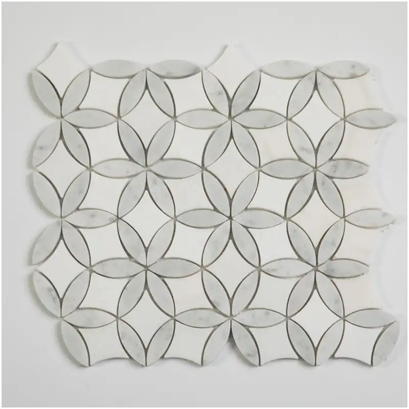mosaic art supplies | Four-Leaf Flower Waterjet Cut Two-Tone Carrara Marble Mosaic Tile Two-Tone White Grey Carrara Four-Leaf Flower Waterjet Marble Mosaic Art Supplies Mesh-Backed Natural Stone Mosaic Tile for Interior Wall Decoration
