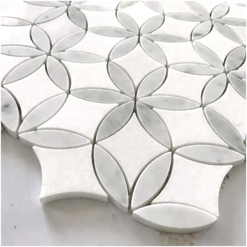 mosaic art supplies | Four-Leaf Flower Waterjet Cut Two-Tone Carrara Marble Mosaic Tile Partial Detail Two-Tone White Grey Carrara Four-Leaf Flower Waterjet Marble Mosaic Art Supplies Mesh-Backed Natural Stone Mosaic Tile for Bathroom Vanity Wall & Kitchen Backsplash