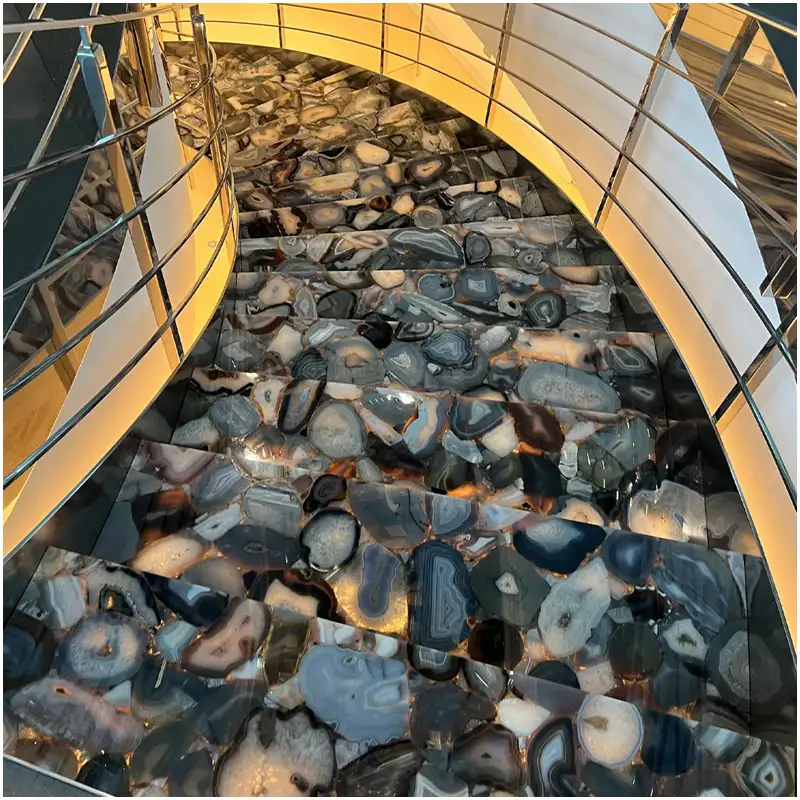 Grey Agate gemstone spiral stair project with custom semi-precious stone panels