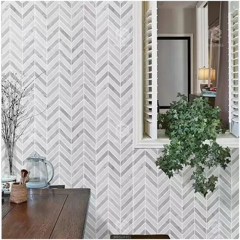 White Carrara Chevron Herringbone Marble Mosaic Art For Kids Kitchen Interior Wall Decor White Carrara Grey Vein Chevron Herringbone Marble Mosaic Art Tiles Natural Stone Mosaic for Kitchen Dining Room Accent Wall Decoration