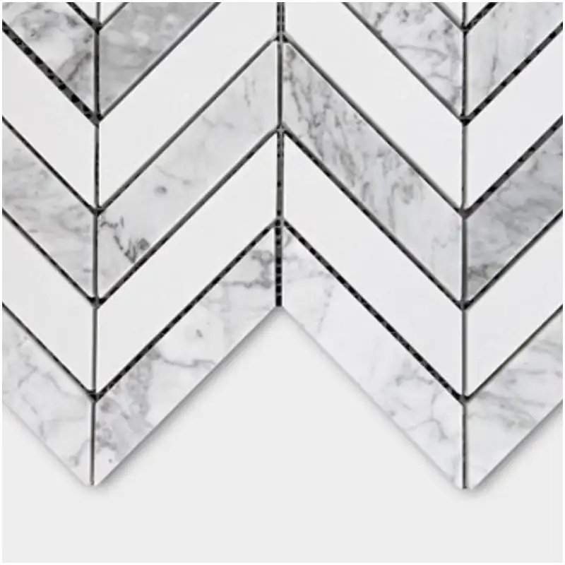 White Carrara Chevron Herringbone Marble Mosaic Art Tile Close-up Detail White Carrara Grey Vein Chevron Marble Mosaic Art Tiles Close-up Natural Stone Herringbone Mosaic Sheet for Interior Wall Backsplash