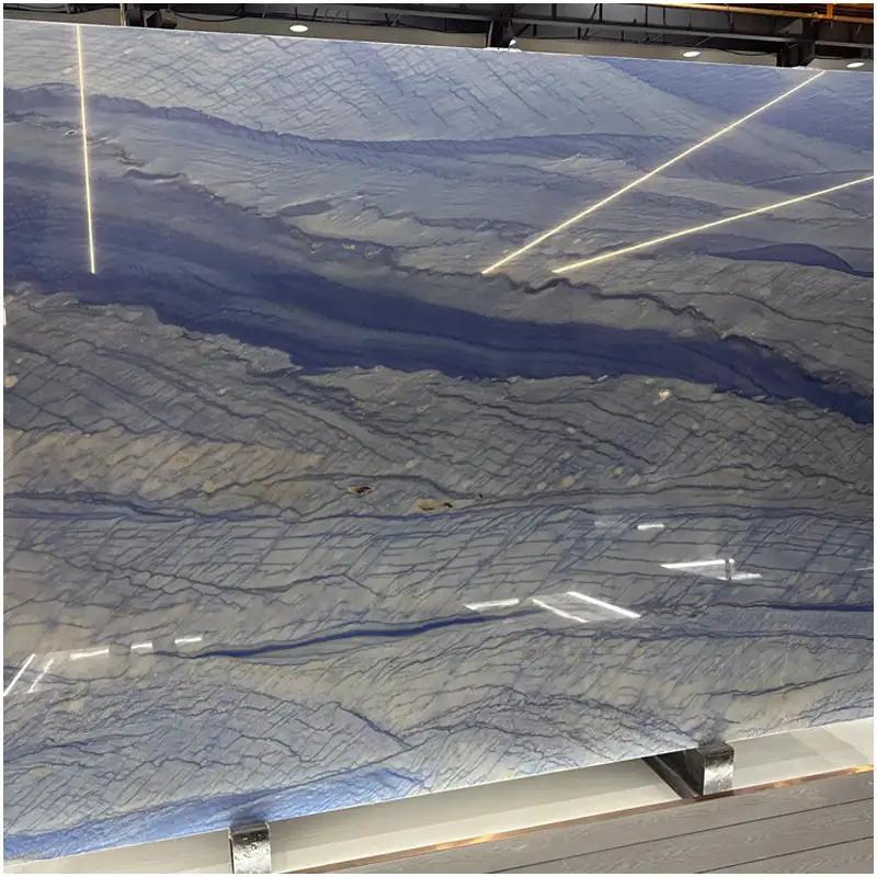 polished-azul-macaubas-marble-slab Polished Azul Macaubas Marble slab with horizontal blue veining for feature walls