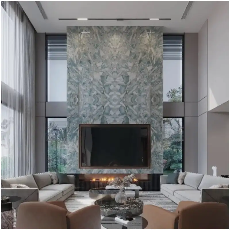 Why Cocada Blue Quartzite is the Absolute Pinnacle of 2026 Luxury Interior Design 10 Cocada-Blue-Quartzite-Bookmatched-Villa-Livingroom-Feature-Wall-Projects