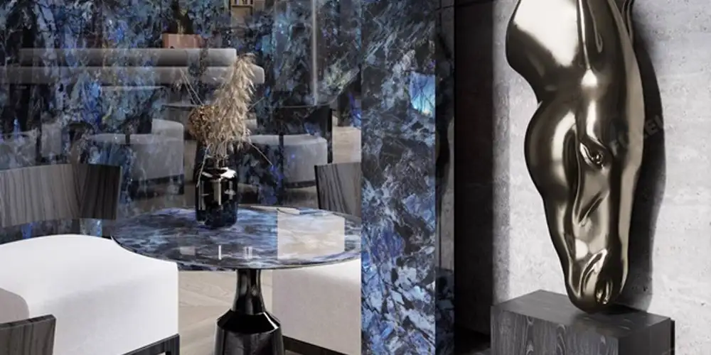 Lemurian Blue Granite 2026: Technical Guide for Luxury Hotel Bars & Cut-to-Size Tiles 4 Labradorite-Blue-Granite-Luxury-Hotel-Wall-Designs