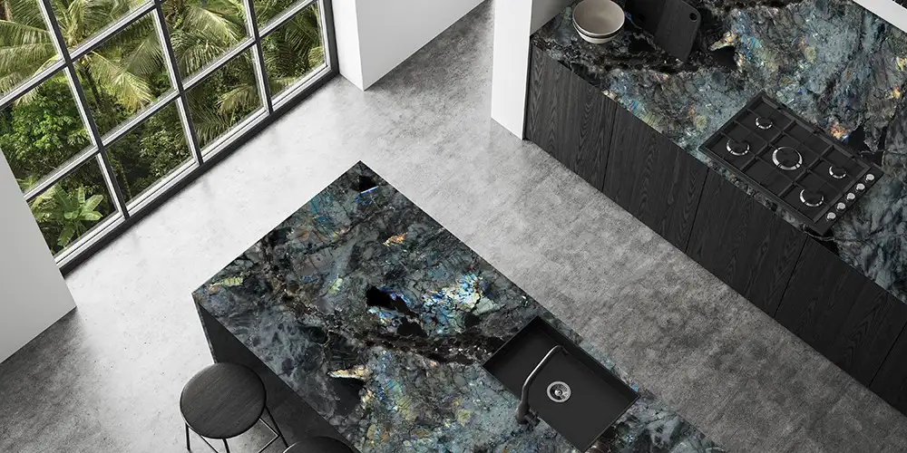 Lemurian Blue Granite Price Guide 2026: Cost Breakdown & Why Madagascar Labradorite Is a Luxury Investment 6 Lemurian-Blue-Granite-Luxury-Penthouse-Kitchen-Countertop-Designs