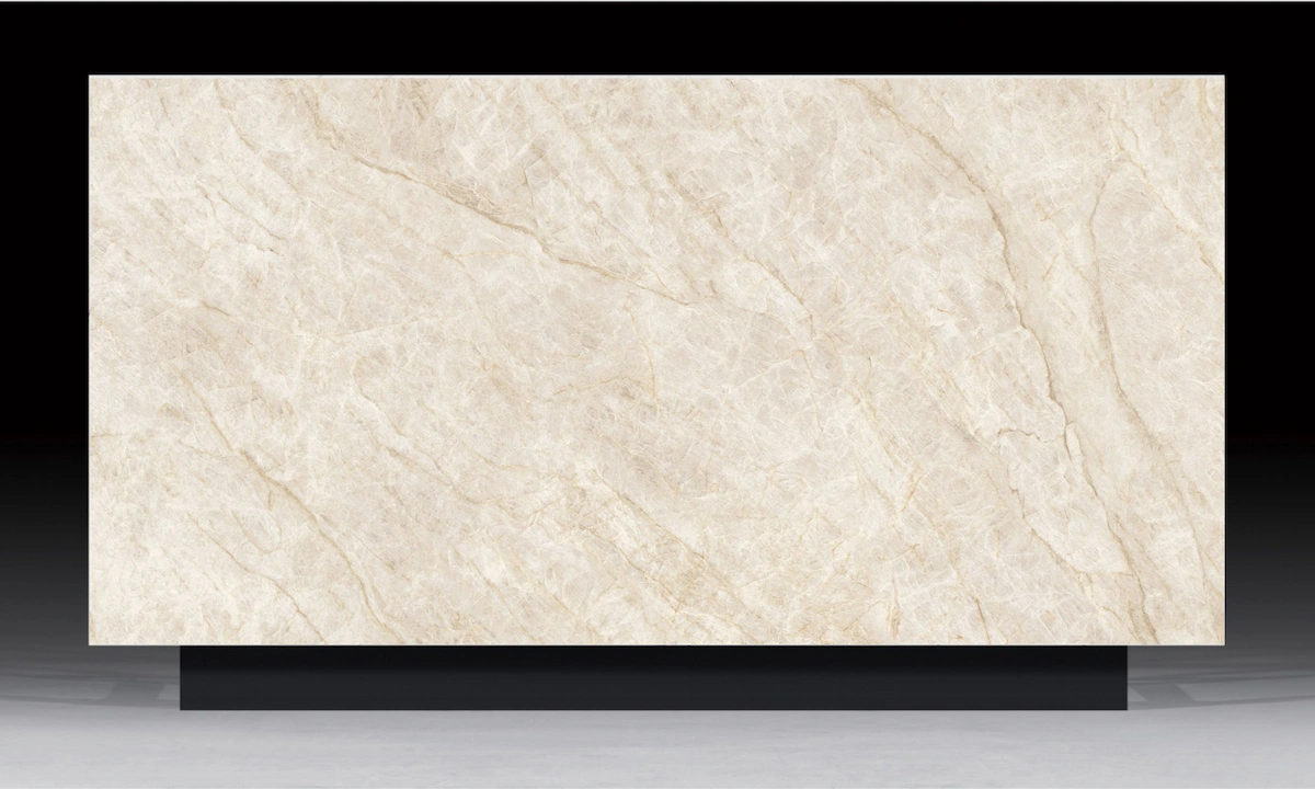 Taj Mahal Quartzite slab with light beige background and soft natural veining