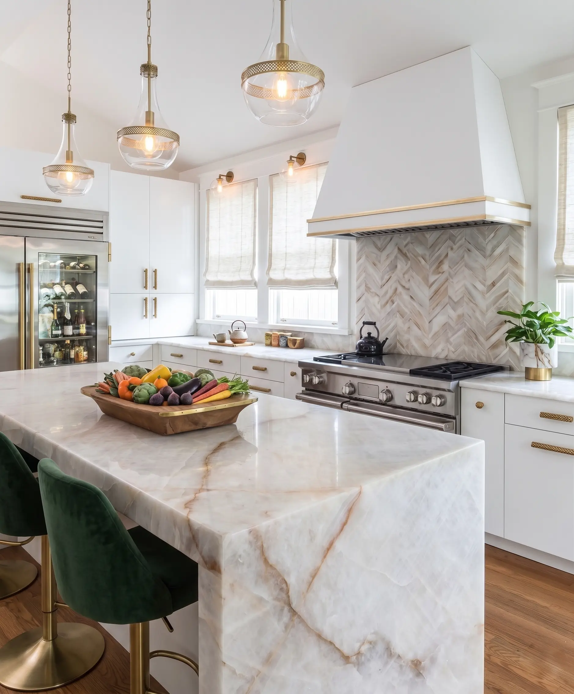 Taj Mahal Quartzite waterfall island in a luxury kitchen with soft beige veining and polished natural stone surface