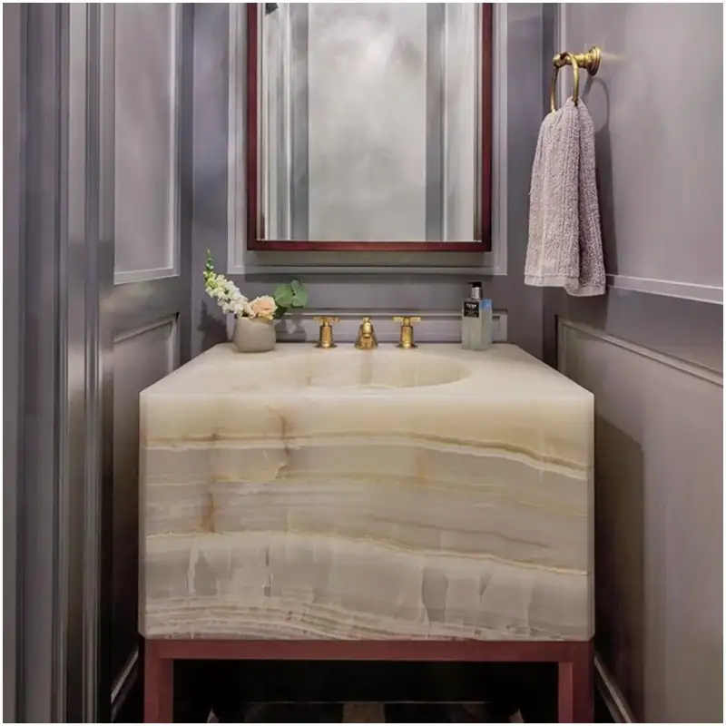 Ivory Onyx Marble integrated vanity sink design with cream translucent natural stone