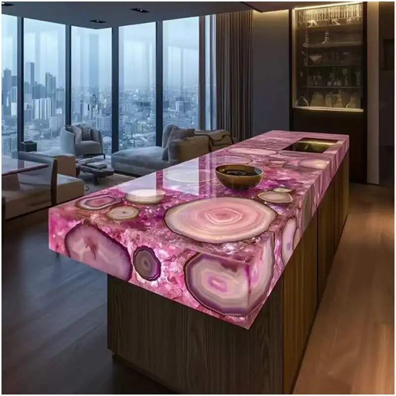 Backlit Pink Agate countertop installation for a penthouse interior design project