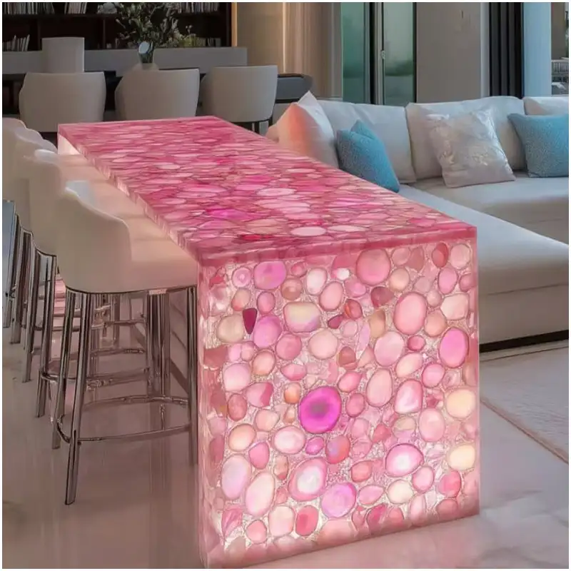 Pink Agate gemstone kitchen bar countertop in a luxury villa interior