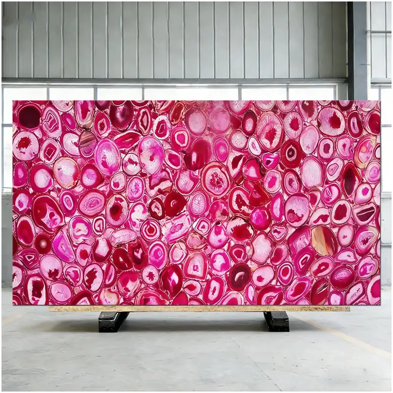 Pink Agate Backlit Slabs with rose translucent gemstone surface