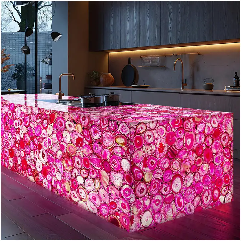 Translucent Pink Agate design used for luxury villa kitchen countertop and interior feature