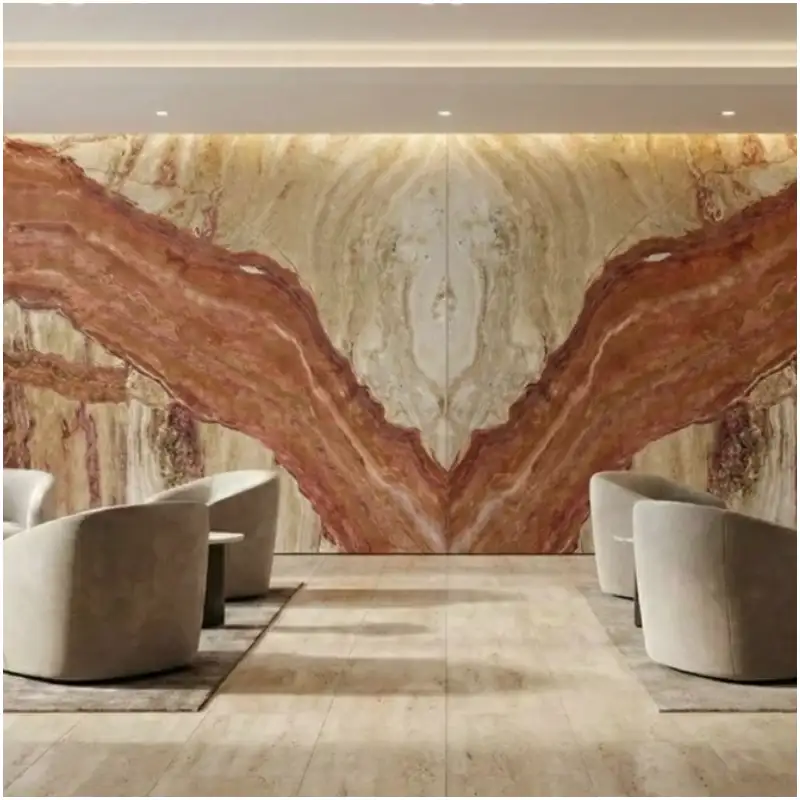 Tronco Ferrato Travertine bookmatched feature wall in luxury house interior