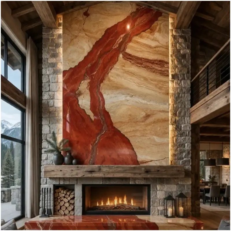 Tronco Ferrato Travertine farmhouse fireplace feature wall project with red veining