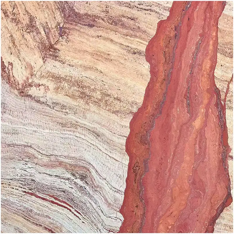 Tronco Ferrato Travertine stone with red iron-rich veining and beige travertine background