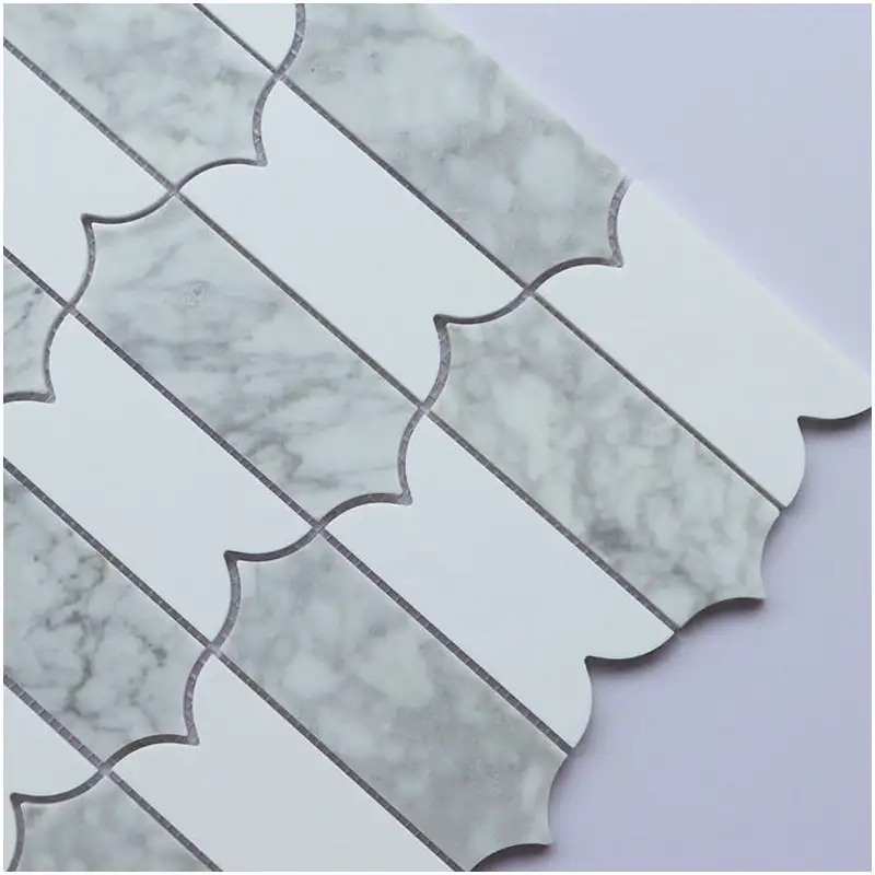 Notícias 12 Two-Tone White Grey Carrara Scalloped Edge Strip Marble Mosaic Art Supplies Polished Natural Stone Mosaic Tile for Wall Backsplash