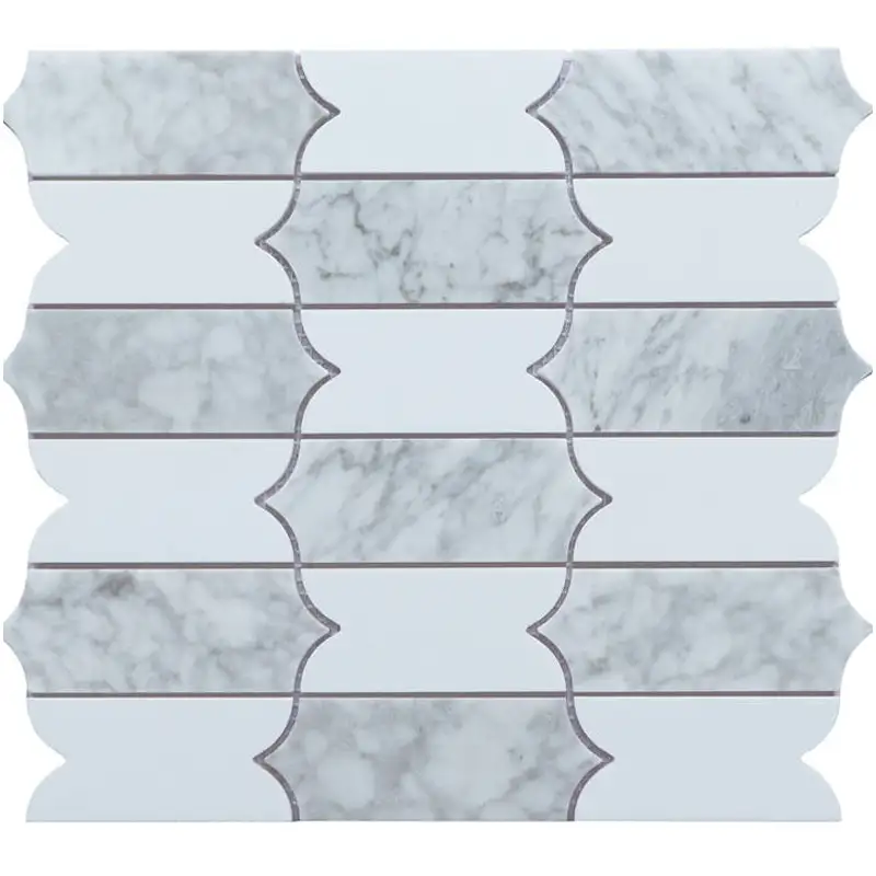 Two-Tone White Grey Carrara Scalloped Wave Strip Marble Mosaic Art Supplies Mesh-Backed Natural Stone Mosaic Tile for Kitchen Bathroom Wall
