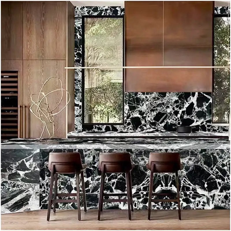 why use marble countertops Polished Black White Fragmented Vein Artificial Marble Kitchen Countertop Island & Wall Backsplash For High-End Villa Kitchen Decoration
