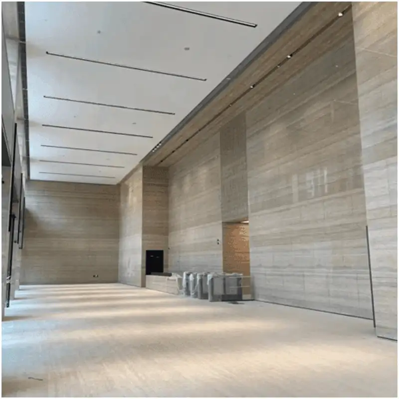 PROYEK 5 Silk Serpeggiante Marble Full Height Wall & Matching Floor Cladding for Spacious Super High Ceiling Commercial Office Lobby
