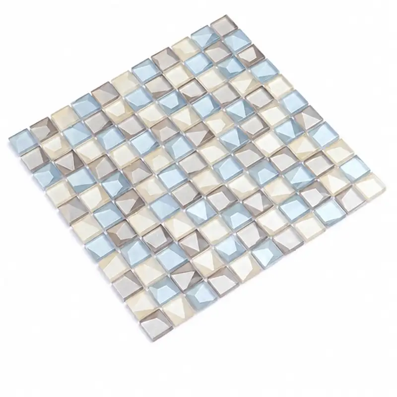 3D Glass Mosaic Square Tile sheet with pastel blue, cream, and grey beveled pieces