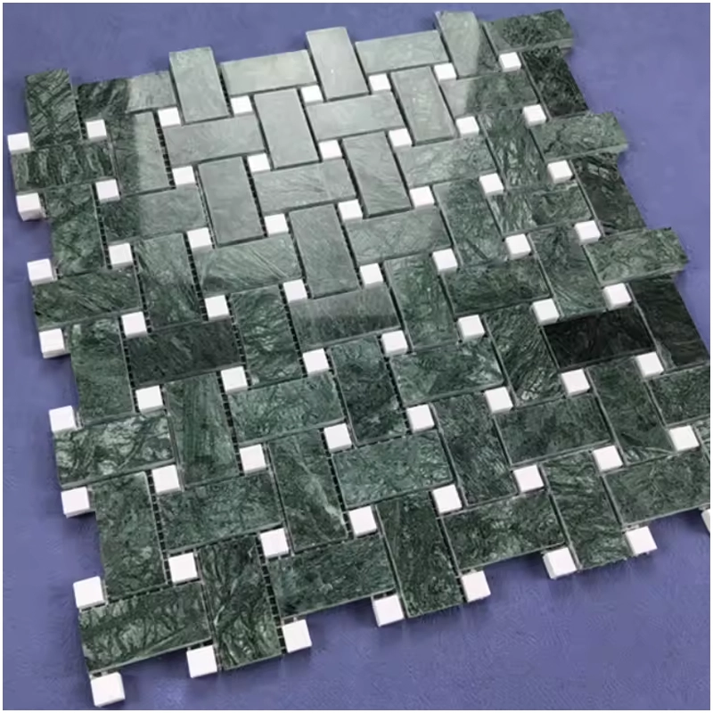 Dark Green Basketweave Marble Mosaic Tile