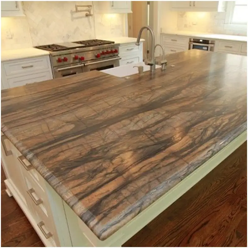 Sandalus Quartzite leathered kitchen countertop Sandalus Quartzite leathered kitchen countertop with brown silver movement in a villa kitchen project