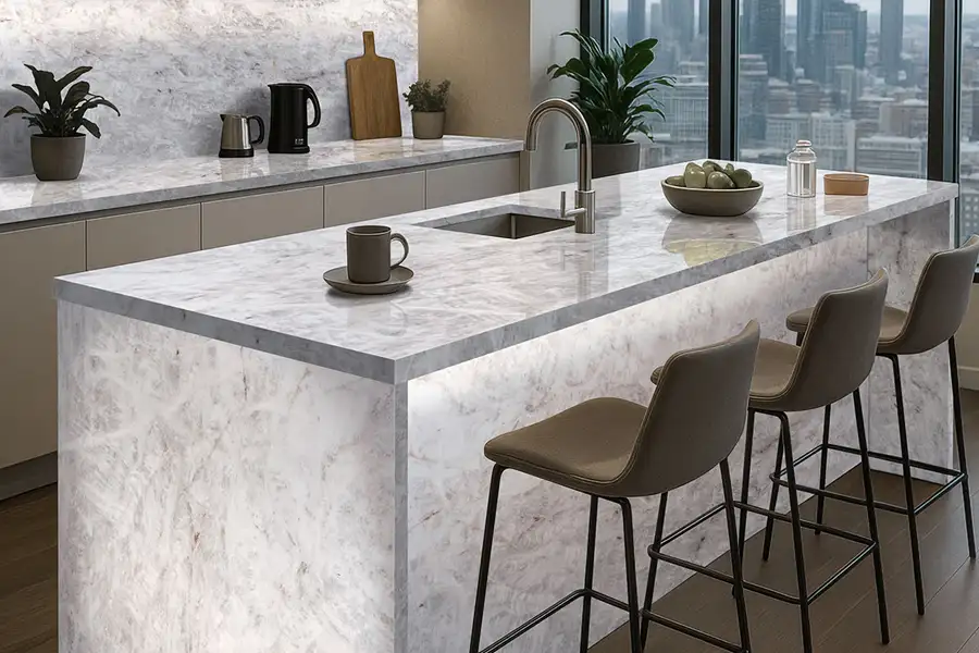 Столешницы из белого кварцита Cristallo с подсветкой в пентхаусе