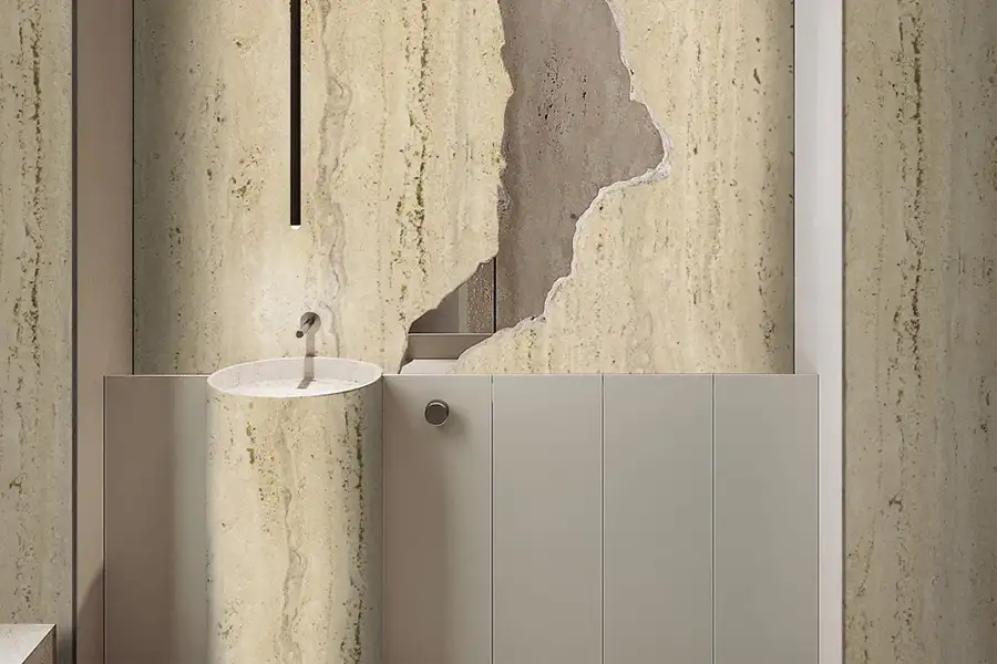 مشاريع مغسلة حمام وحوض حمام وحائط من الترافرتين الإيطالي البيج