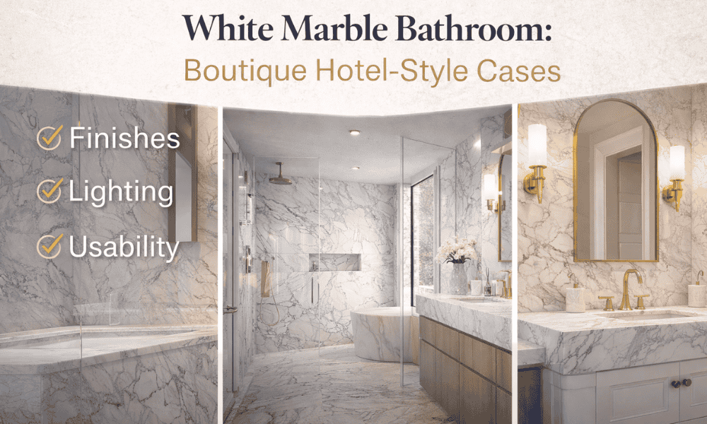 Ремонт ванной комнаты из белого мрамора: Дизайн в стиле бутик-отеля Примеры 1 Ванная комната из белого мрамора
