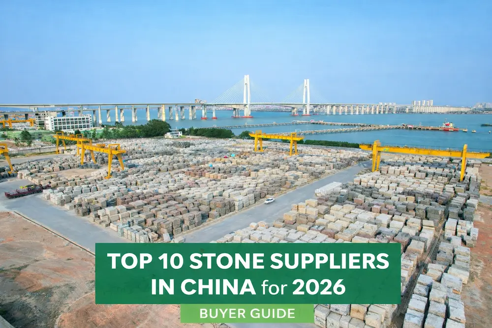 מבט אווירי על מרכז תעשיית האבן של שיאמן, עם חצר גדולה לאחסון אבני אבן טבעיות ומנופי גשר ליד הנמל.