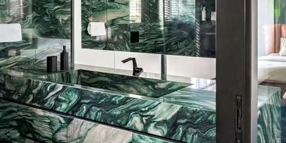 Xu hướng đá quartzite xanh độc đáo năm 2026 trong đá quartzite Verde Lapponia 4 Thiết kế mặt bàn lavabo nổi theo xu hướng Lapponia-Green-Quartzite