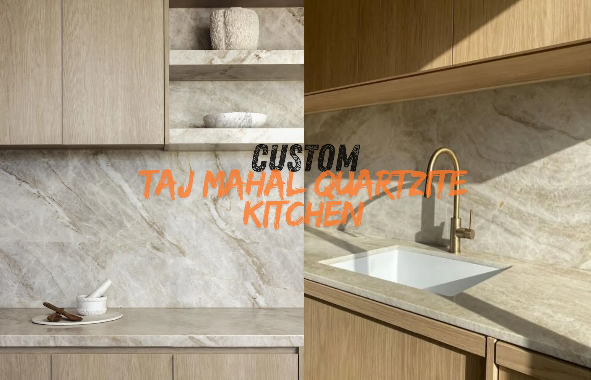 Luxury kitchen with Taj Mahal Quartzite waterfall island and warm beige natural stone surface