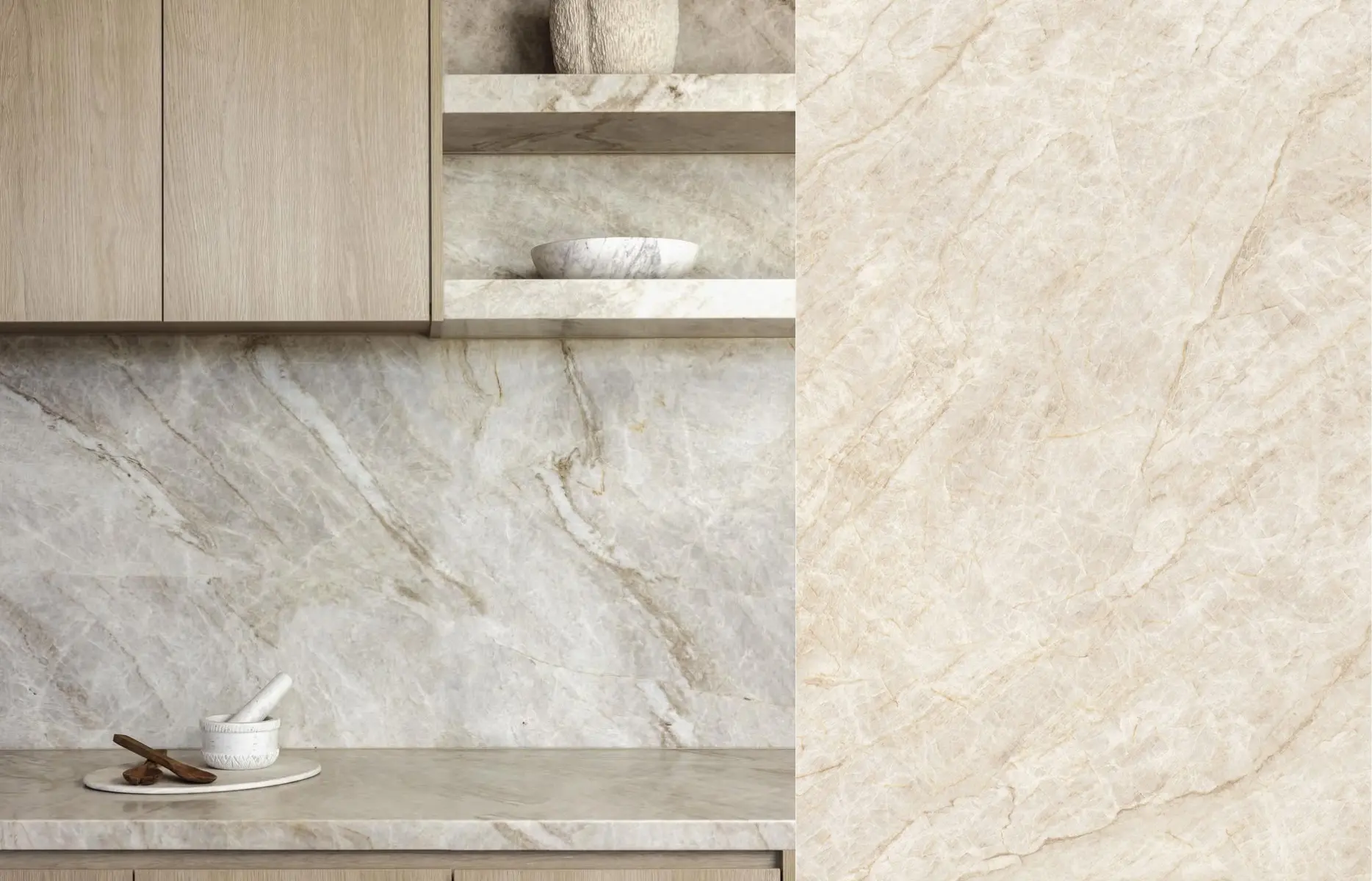 Luxury kitchen interior with Taj Mahal Quartzite countertop and backsplash in warm beige tones