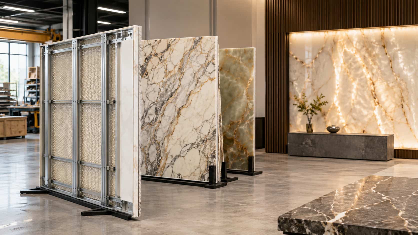 Custom backed stone panels for backlit stone wall installation
