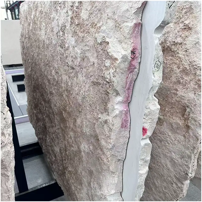 Castle-Beige-Limestone-Splited-Jumbo-Slabs Castle Beige Limestone split face slab side view natural raw edge thick beige limestone for villa facade wall cladding