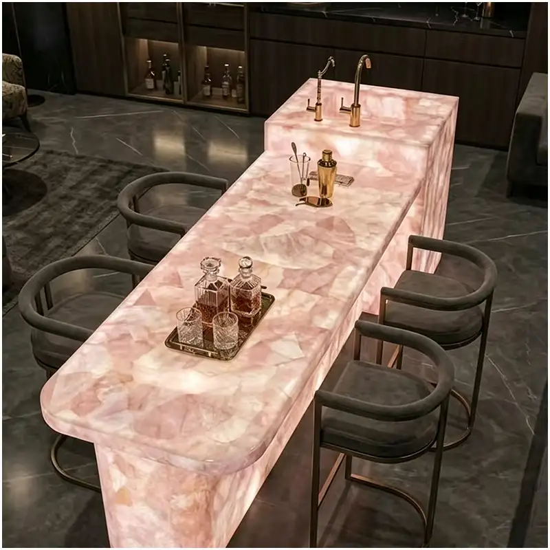 Pink-Crystal-Quartz-Backlit-Waterfall-Countertops-in-Luxury-Mansions