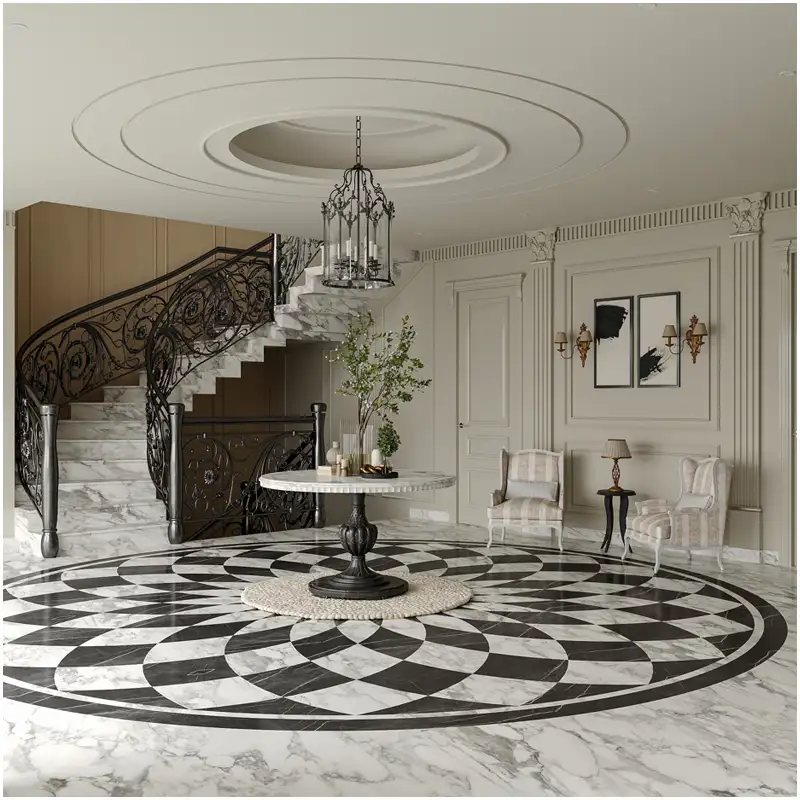 White-and-Black-Marble-Medallion-Lobby-Floor-Designs-of-Villas